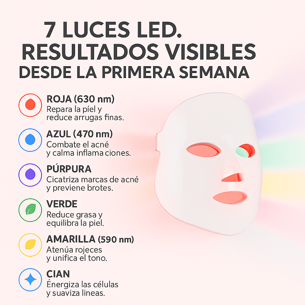DermaLux® LED 7 en 1 | Rejuvenecimiento, Antiacné y Luminosidad Profesional en Casa
