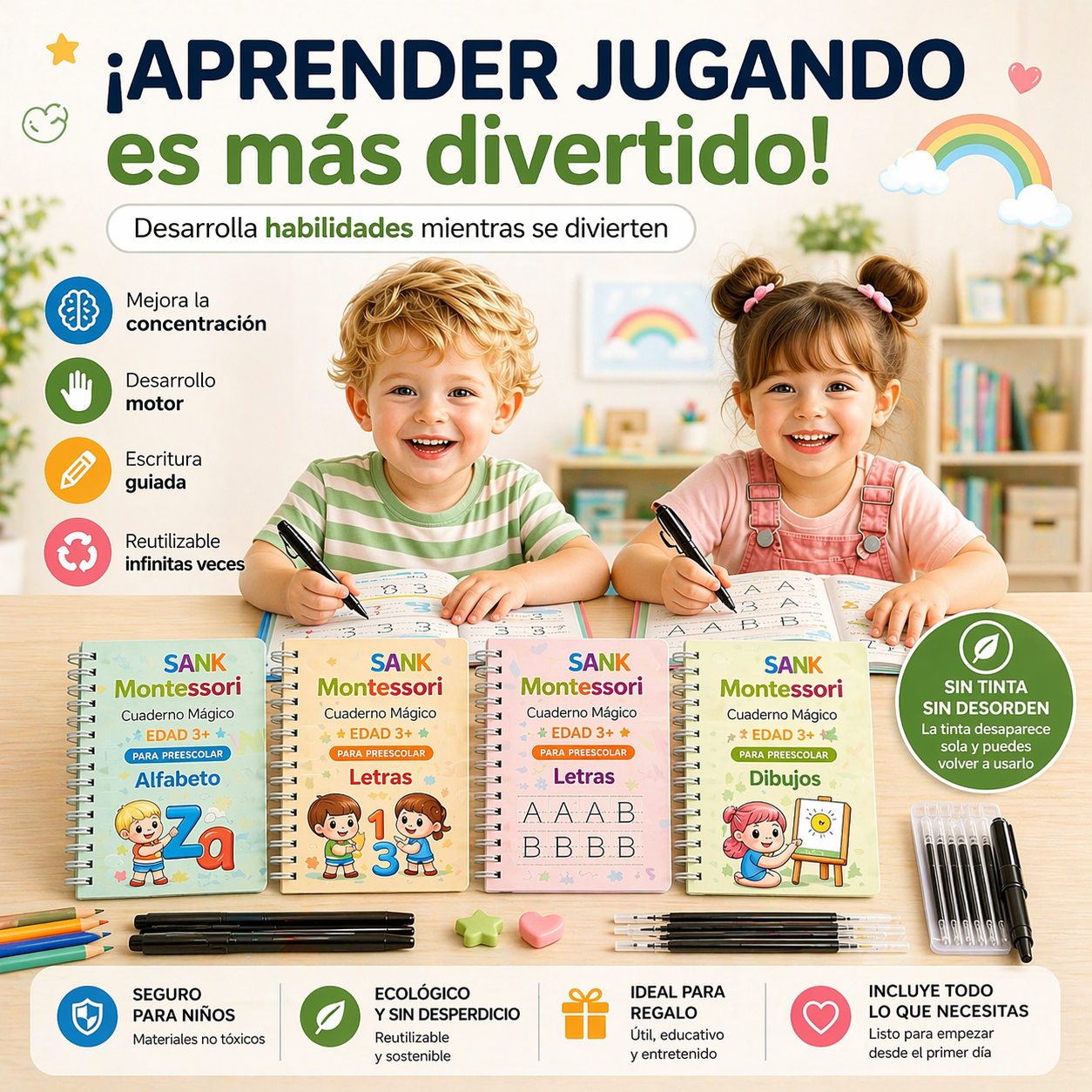 Kit 4 Cuadernos Educativos Reutilizables para Niños MagicBook™ (Español & Inglés)