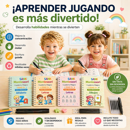 Kit 4 Cuadernos Educativos Reutilizables para Niños MagicBook™ (Español & Inglés)