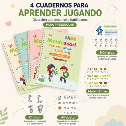 Kit 4 Cuadernos Educativos Reutilizables para Niños MagicBook™ (Español & Inglés)