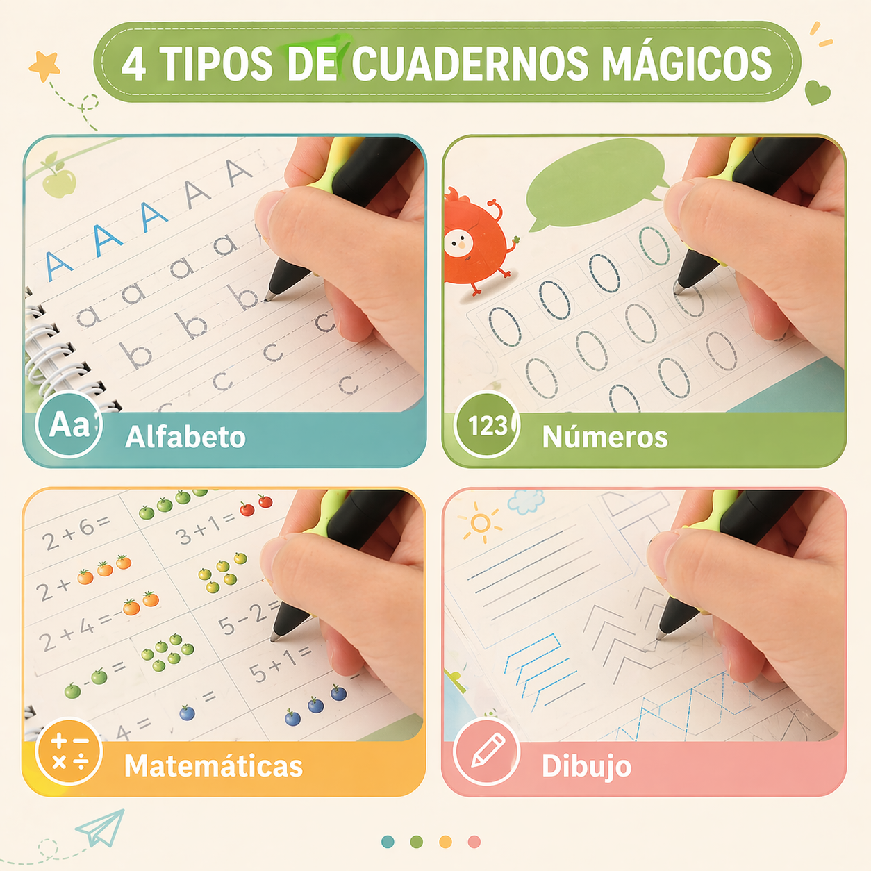 Kit 4 Cuadernos Educativos Reutilizables para Niños MagicBook™ (Español & Inglés)