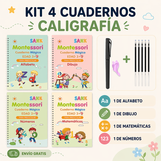 Kit 4 Cuadernos Educativos Reutilizables para Niños MagicBook™ (Español & Inglés)
