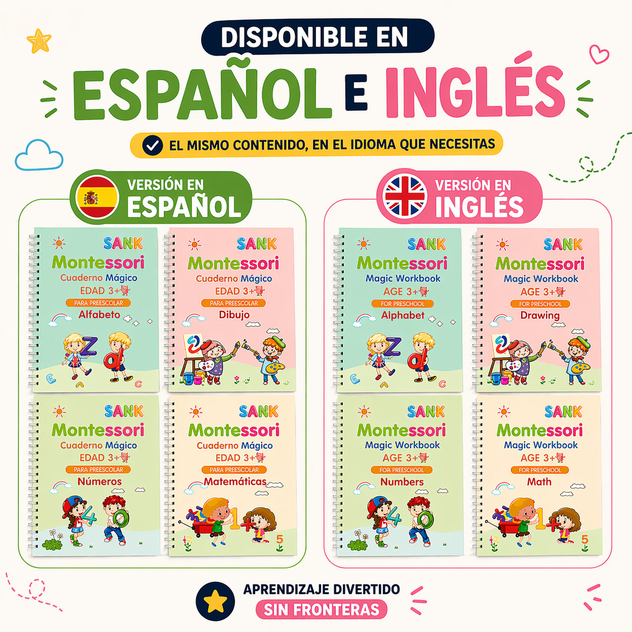 Kit 4 Cuadernos Educativos Reutilizables para Niños MagicBook™ (Español & Inglés)