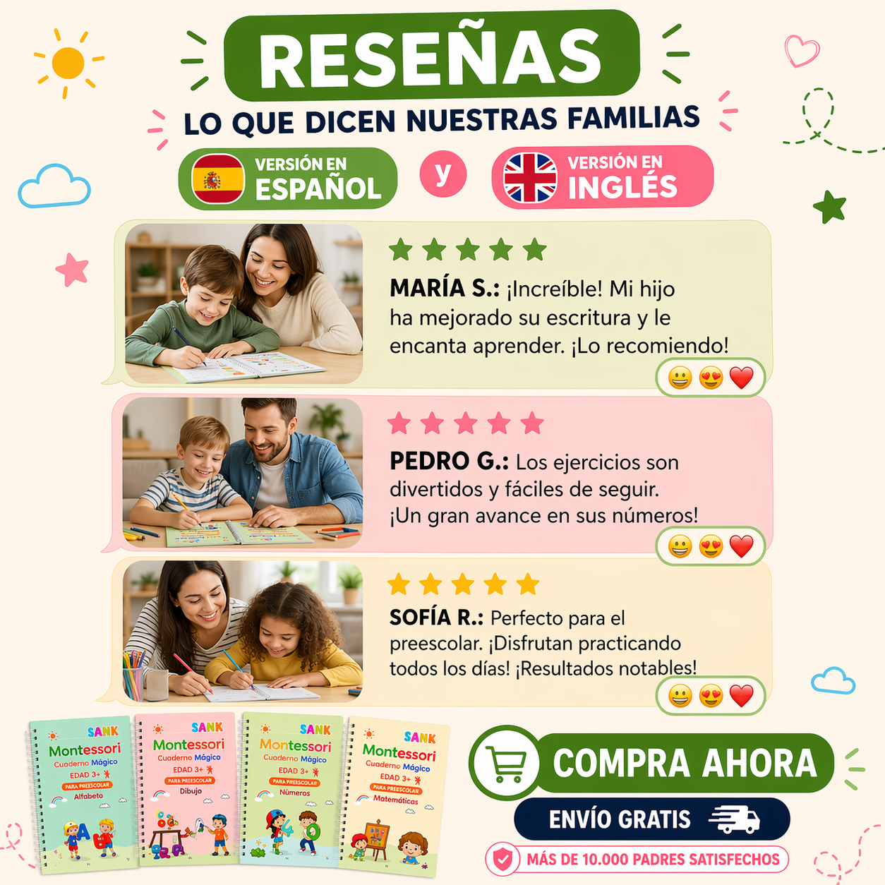 Kit 4 Cuadernos Educativos Reutilizables para Niños MagicBook™ (Español & Inglés)