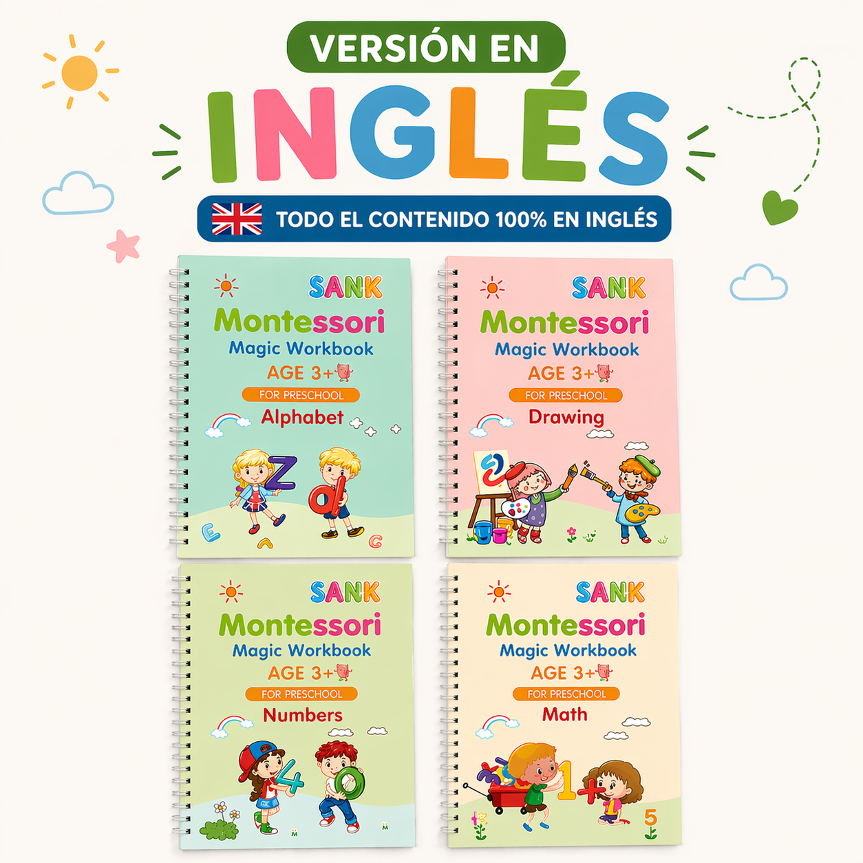 Kit 4 Cuadernos Educativos Reutilizables para Niños MagicBook™ (Español & Inglés)