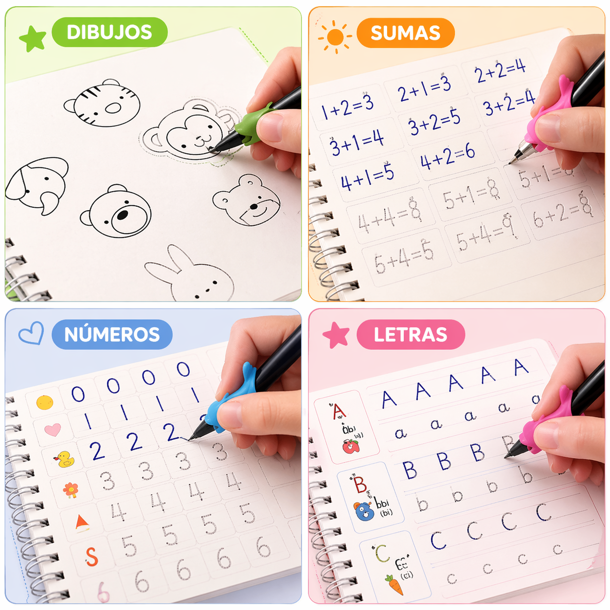 Kit 4 Cuadernos Educativos Reutilizables para Niños MagicBook™ (Español & Inglés)