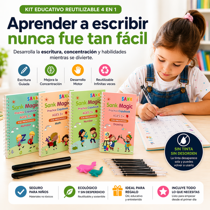 Kit 4 Cuadernos Educativos Reutilizables para Niños MagicBook™ (Español & Inglés)