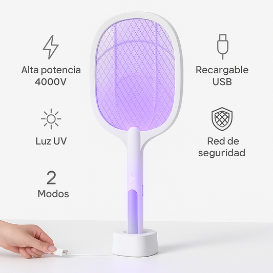 Raqueta Mata Insectos Recargable con Luz UV - 2 en 1