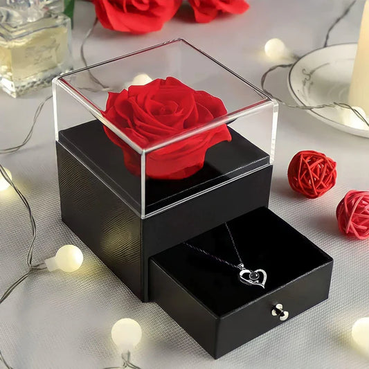 RosaEterna© - Flor Preservada en Cúpula de Cristal + collar corazón plateado