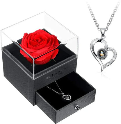 RosaEterna© - Flor Preservada en Cúpula de Cristal + collar corazón plateado