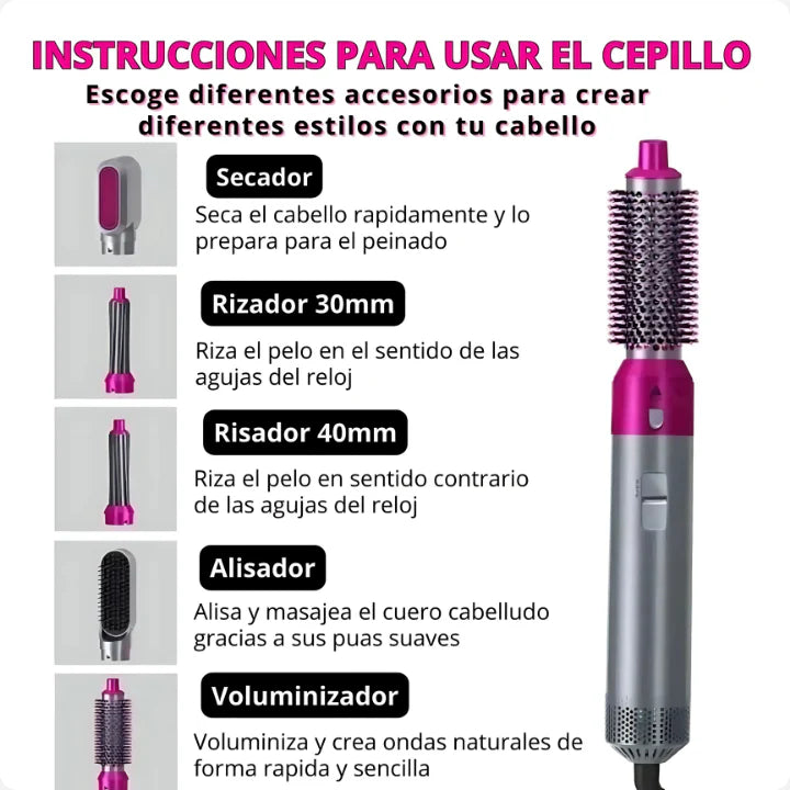 Cepillo Secador 5 en 1 | Peina, Alisa, Riza, Moldea y Seca